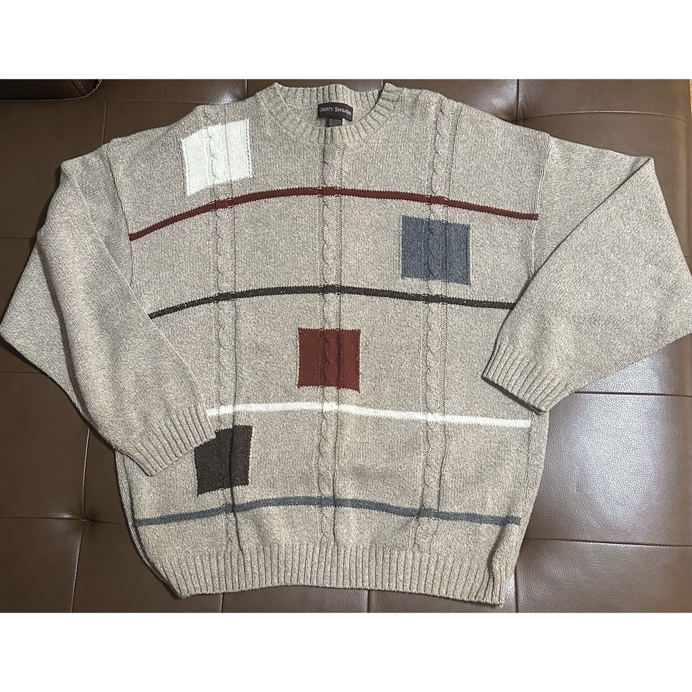 VINTAGE Grandpa Sweater Mens XL Brown Patchwork Cotton Acrylic Crewneck 90s